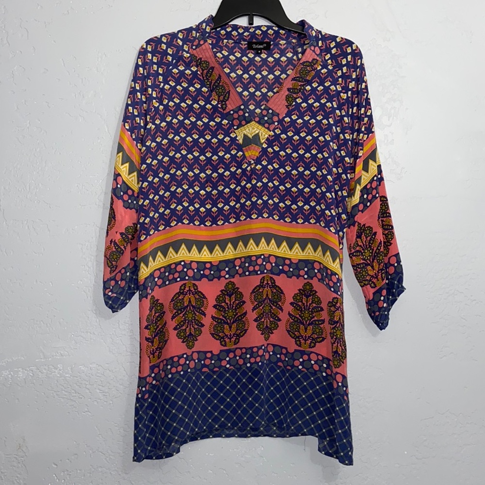 Tolani 100% Silk Multi Color Dress Tunic Blouse Top Size Small